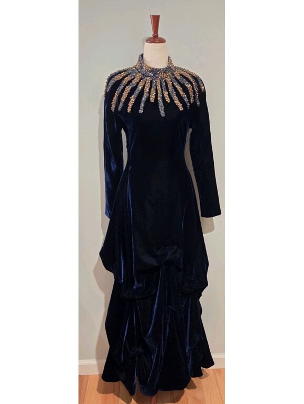 Vintage Dark Blue Velvet Maxi Dress Bustled Skirt Black Gold Cascading Beads